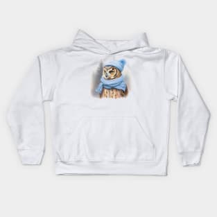 Adorable cute owl wearing a Blue hat and scarf Kids Hoodie